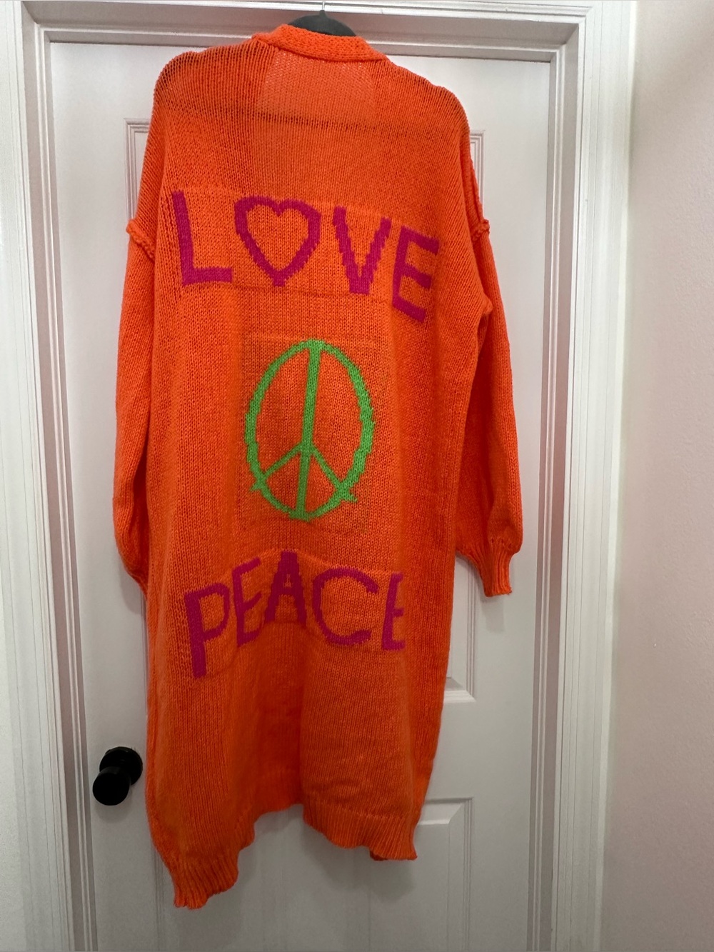 Orange 'Love Peace' Long Knit Sweater Cardigan